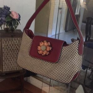 Designer genuine dark red & beige leather bag